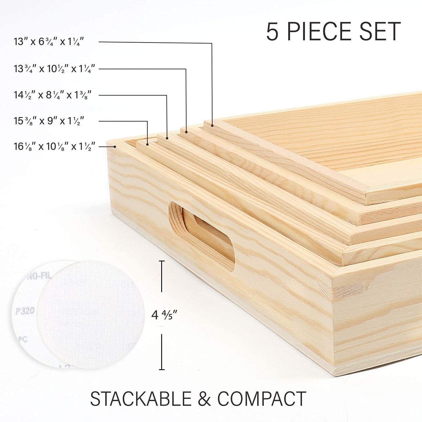 LotFancy Wooden Nested Serving Trays, Set of 5, Unfinished Natural Wood Trays with Handles, for Craft and Decor, Food Organizer for Breakfast, Lunch, Dinner