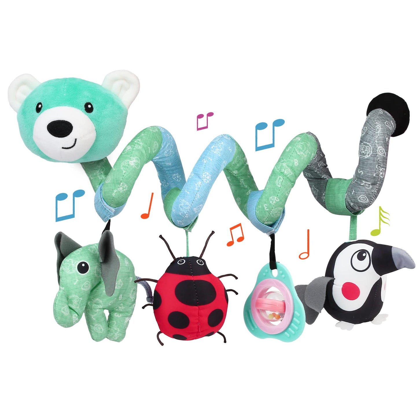 LotFancy Baby Car Seat Toys, Infant Hanging Stroller Toys for Carseat Crib Bar Bassinet, Newborn Activity Spiral Plush Toys with Music BB Squeaker Rattles for 0 3 6 9 12 Months