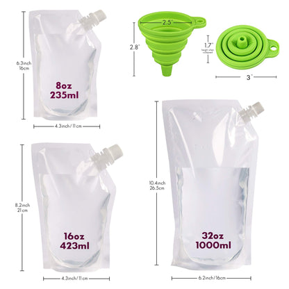 Plastic Liquor Flask Kit 2 Collapsible Silicone Funnels, Concealable And Reusable Runner Alcohol Juice Plastic Liquor Bags