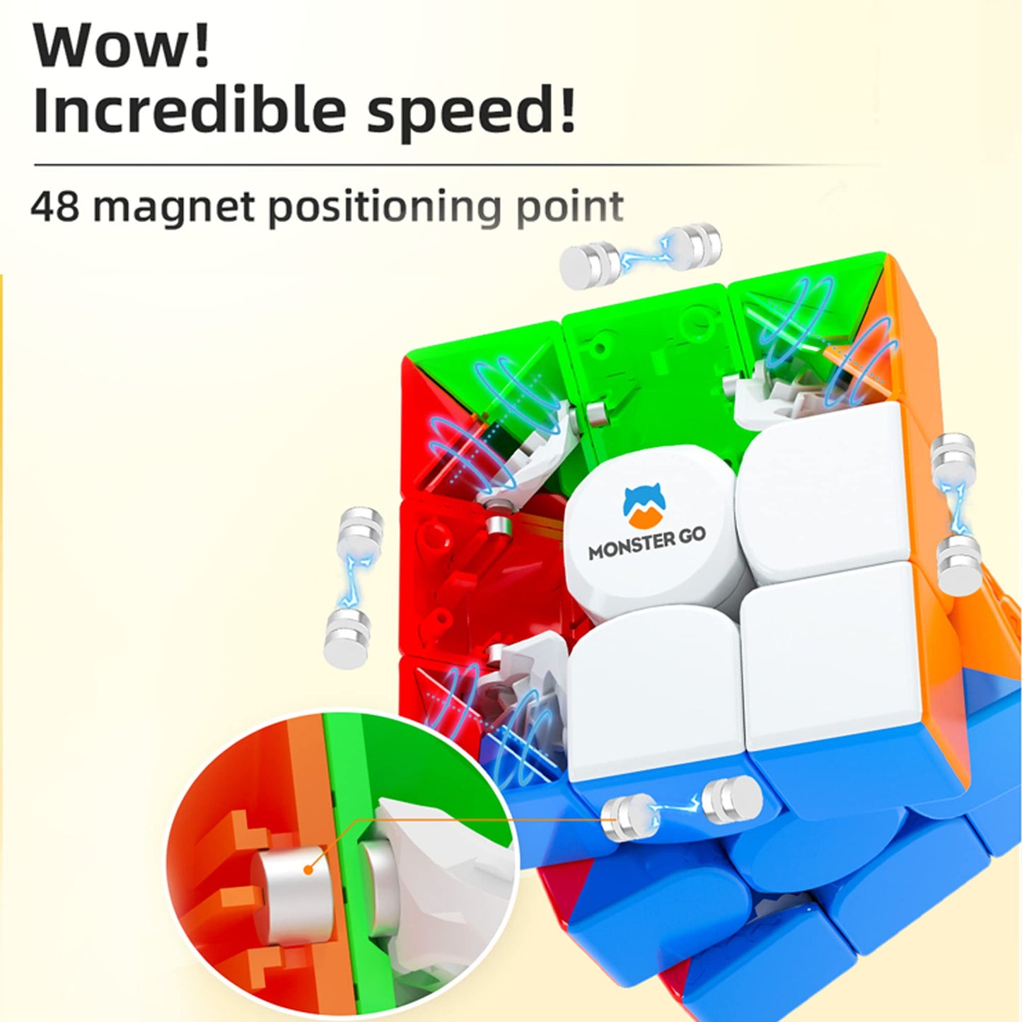 GAN Monster Go 3x3 Speed Cube, 48 Magnets Magic Cube Stickerless Puzzle Toy for Kids Beginners, Educational MG EDU 56mm