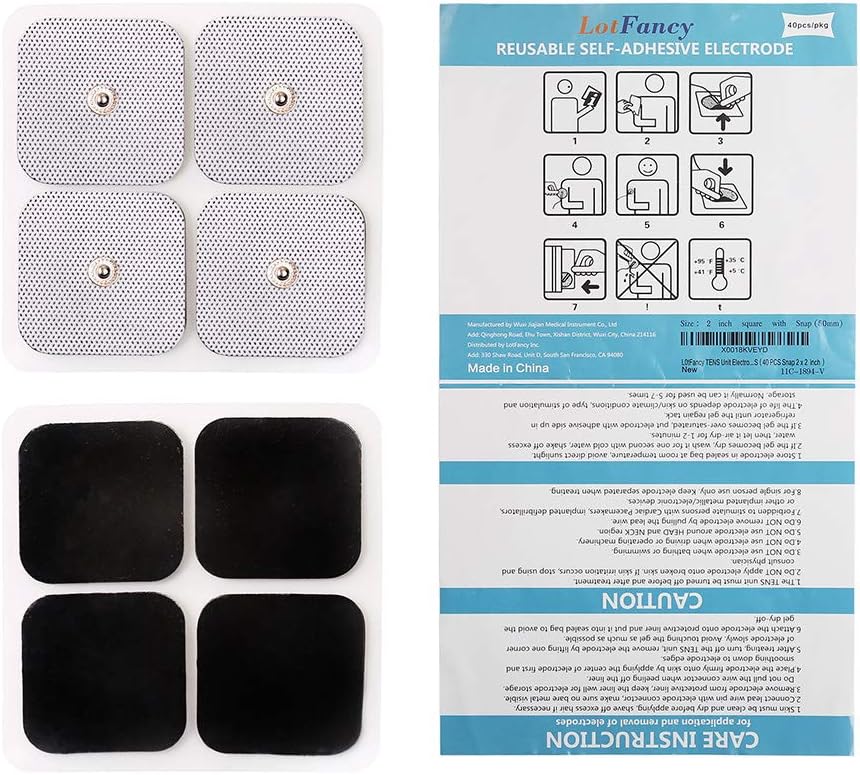 LotFancy TENS Unit Replacement Pads, 40 Pcs 2x2 Snap Electrodes Pads, Reusable Tens Pads for EMS Muscle Stimulator, Using 3.5mm Snap Connector