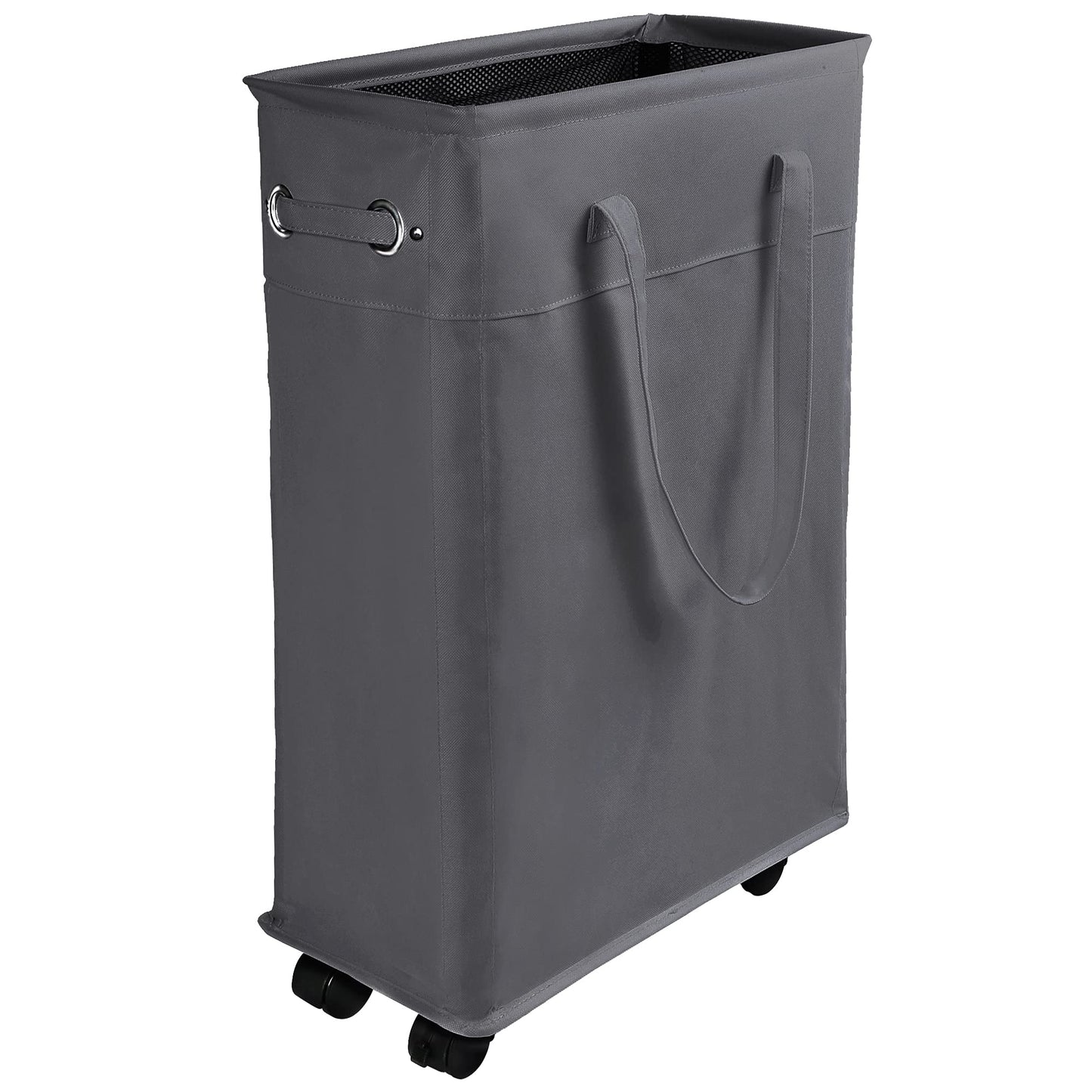 45L Slim Laundry Hamper with Handles on Wheels, Collapsible Rolling Clothes Laundry Basket, 15.4 (L) x7.5 (W) x22(H) inch, 600D Oxford Fabric,waterproof, MDF Bottom Board