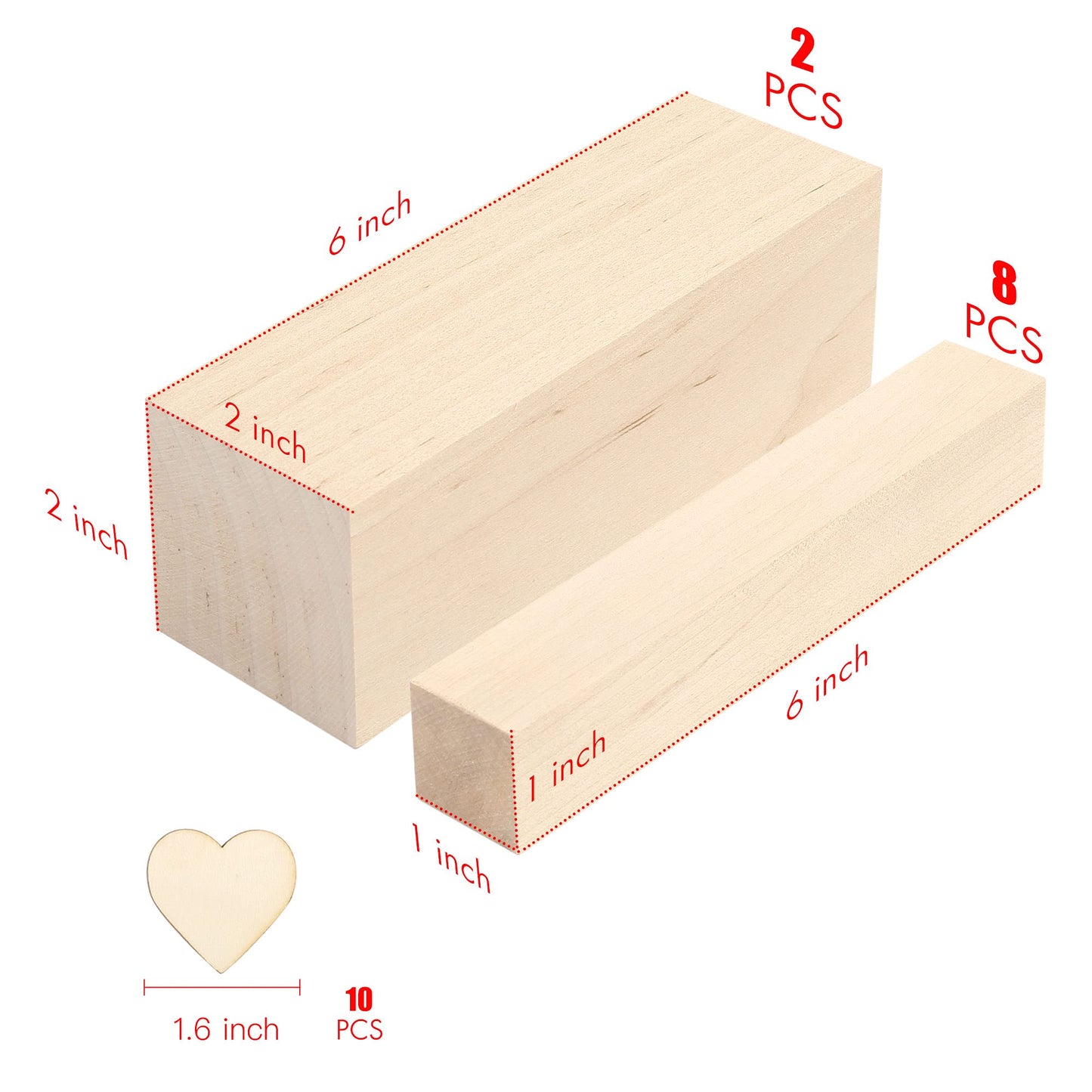 LotFancy Basswood Carving Blocks, 10 PCS, 8 Small 1x1x6”, 2 Large 2x2x6”, Wood Whittling Kit for Beginners, Natural Unfinished Wood Block for Crafts, with 10 Heart Shaped Wooden Cutouts