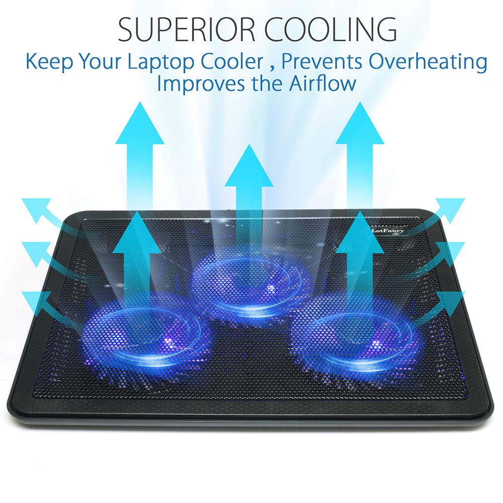 LotFancy Laptop Fan Cooling Pad, Notebook Cooler for 13”-17” Laptop, Lap Chill Mat with 3 LED Quiet Fans, 2 USB Ports, Adjustable Stand, Portable & Quiet for Gaming, Working