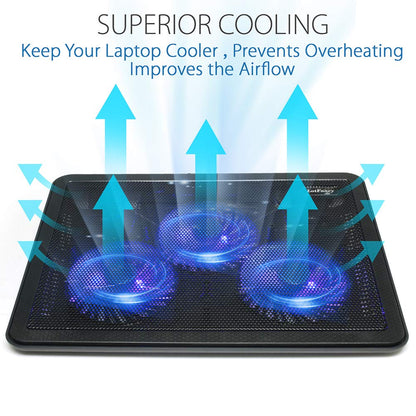 LotFancy Laptop Fan Cooling Pad, Notebook Cooler for 13”-17” Laptop, Lap Chill Mat with 3 LED Quiet Fans, 2 USB Ports, Adjustable Stand, Portable & Quiet for Gaming, Working