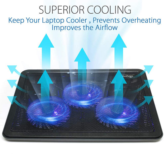 LotFancy Laptop Fan Cooling Pad, Notebook Cooler for 13”-17” Laptop, Lap Chill Mat with 3 LED Quiet Fans, 2 USB Ports, Adjustable Stand, Portable & Quiet for Gaming, Working