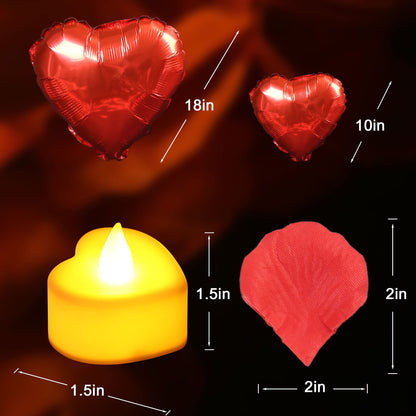 Romantic Candlelight Kit for Lovers, 2000 Rose Petals, 24/48 Warm White Heart LED Candles,5 Aluminium Foil Balloons, 10 Latex Balloons etc.