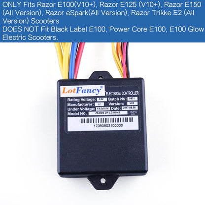 24V Control Module, 7 Connectors, 4-Wire Throttle, Fits for Razor E100(V10+), E125 (V10+), E150 (All Version), eSpark(All Version), Trikke E2 (All Version), Model: ZK2400-DP-LD (ZK2400-DP-FS)