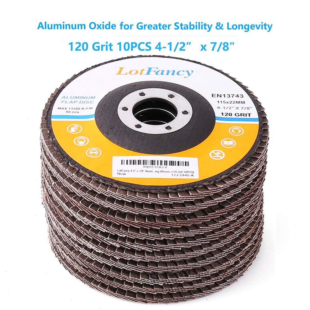 LotFancy Flap Disc 4 1/2 Inch, 10PCS, 120 Grit Grinding Sanding Wheels for Angle Grinder, Aluminum Oxide Abrasive, Type #27, 4.5 x 7/8in