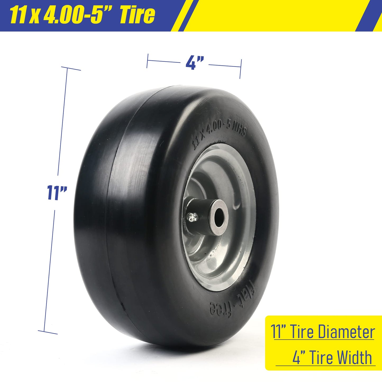 LotFancy 11x4.00-5” Flat Free Lawn Mower Tire and Wheel, 3/4" or 5/8" Bushings, 3.4"-4"-4.5"-5" Centered Hub