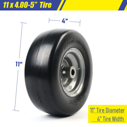 LotFancy 11x4.00-5” Flat Free Lawn Mower Tire and Wheel, 3/4" or 5/8" Bushings, 3.4"-4"-4.5"-5" Centered Hub