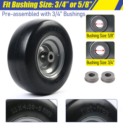 LotFancy 11x4.00-5” Flat Free Lawn Mower Tire and Wheel, 3/4" or 5/8" Bushings, 3.4"-4"-4.5"-5" Centered Hub