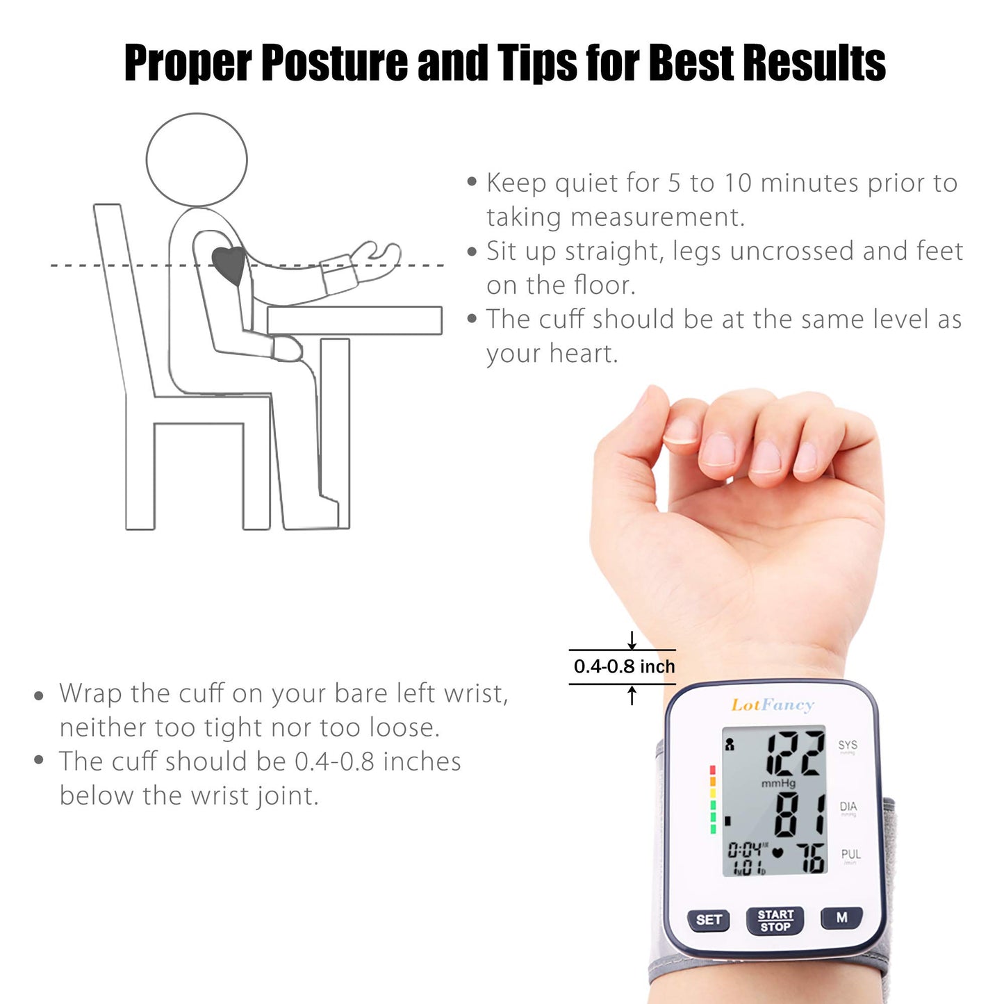 LotFancy Wrist Blood Pressure Monitor for Home Use, Blood Pressure Cuff Wrist, Automatic Wrist BP Cuff, Digital BP Machine, (5.3”-8.5”), 120 Memory, with Large LCD Display, Protective Case