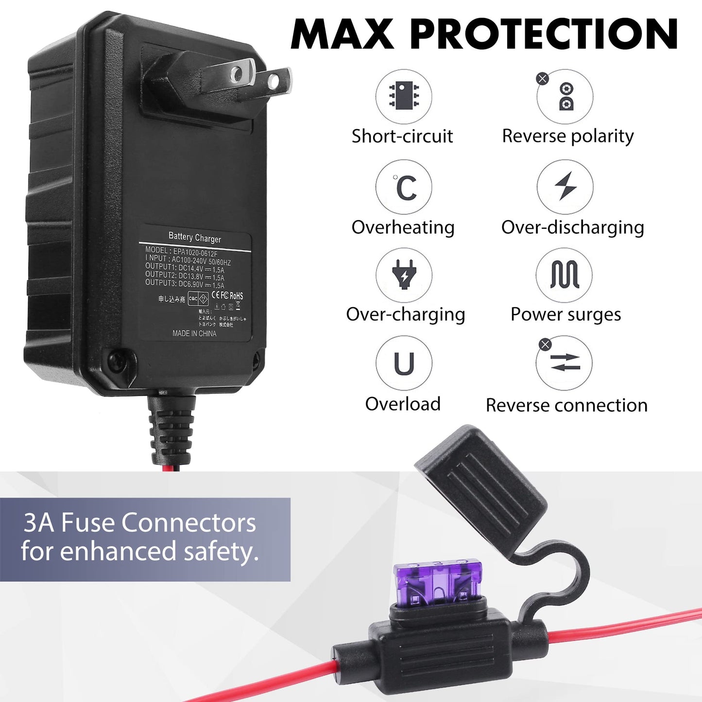 LotFancy 6V 12V 1.5A Battery Charger and Maintainer, Smart Trickle Charger for Lithium (LiFePO4), Lead Acid Battery, Automatic Float Charger for Car, Marine, Deep Cycle, AGM, Gel, SLA