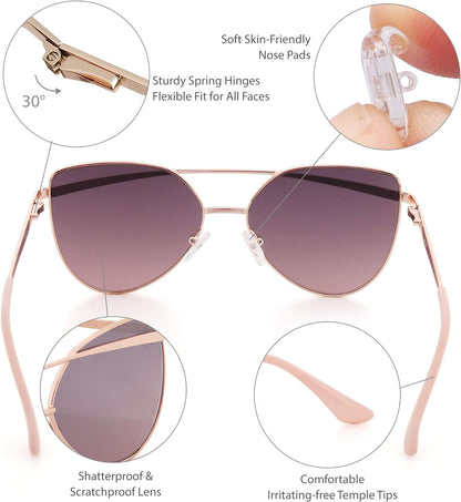 LotFancy Women Sunglasses, with Case, Vintage Cateye Sunglasses for Small Faces, Mirrored Lens, UV Protection