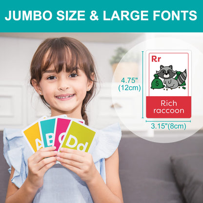 LotFancy ABC Flash Cards for Toddlers 2-4, Jumbo Size, 26 Letters, Mnemonic Alphabet Learning Cards, Educational Flashcards for Kids in Pre-k, Kindergarten