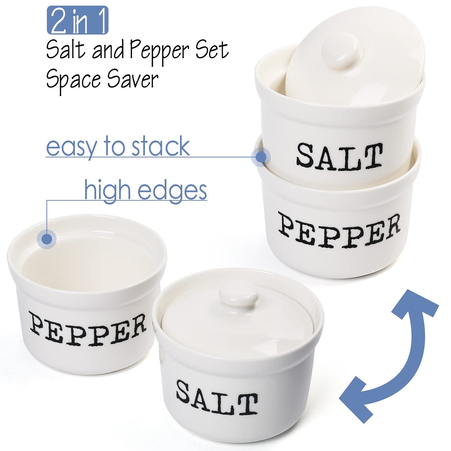 LotFancy 2 In 1 Salt and Pepper Bowls, 9 Oz Salt Pepper Holder with Lids, White Ceramic Container