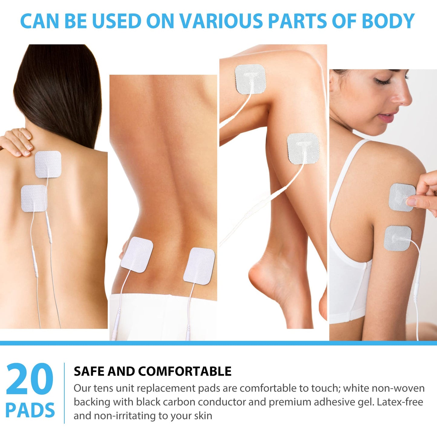 TENS Unit Replacement Pads 2”x2”, 20 Pcs TENS Electrode Pads for Electrotherapy, Self-Adhesive TENS Pads for EMS Muscle Stimulation Machine, Reusable, Latex-Free