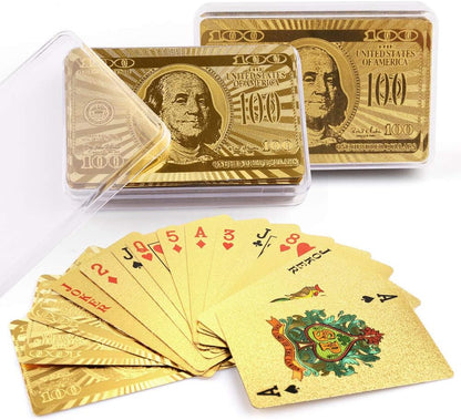 24K Gold Foil Playing Cards, 2 Decks of Cards with Boxes, Waterproof Plastic, Bridge Size Standard Index, for Cards Games, Magic Props