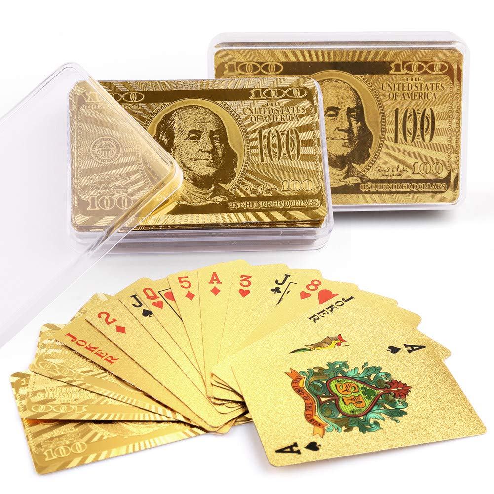 24K Gold Foil Playing Cards, 2 Decks of Cards with Boxes, Waterproof Plastic, Bridge Size Standard Index, for Cards Games, Magic Props