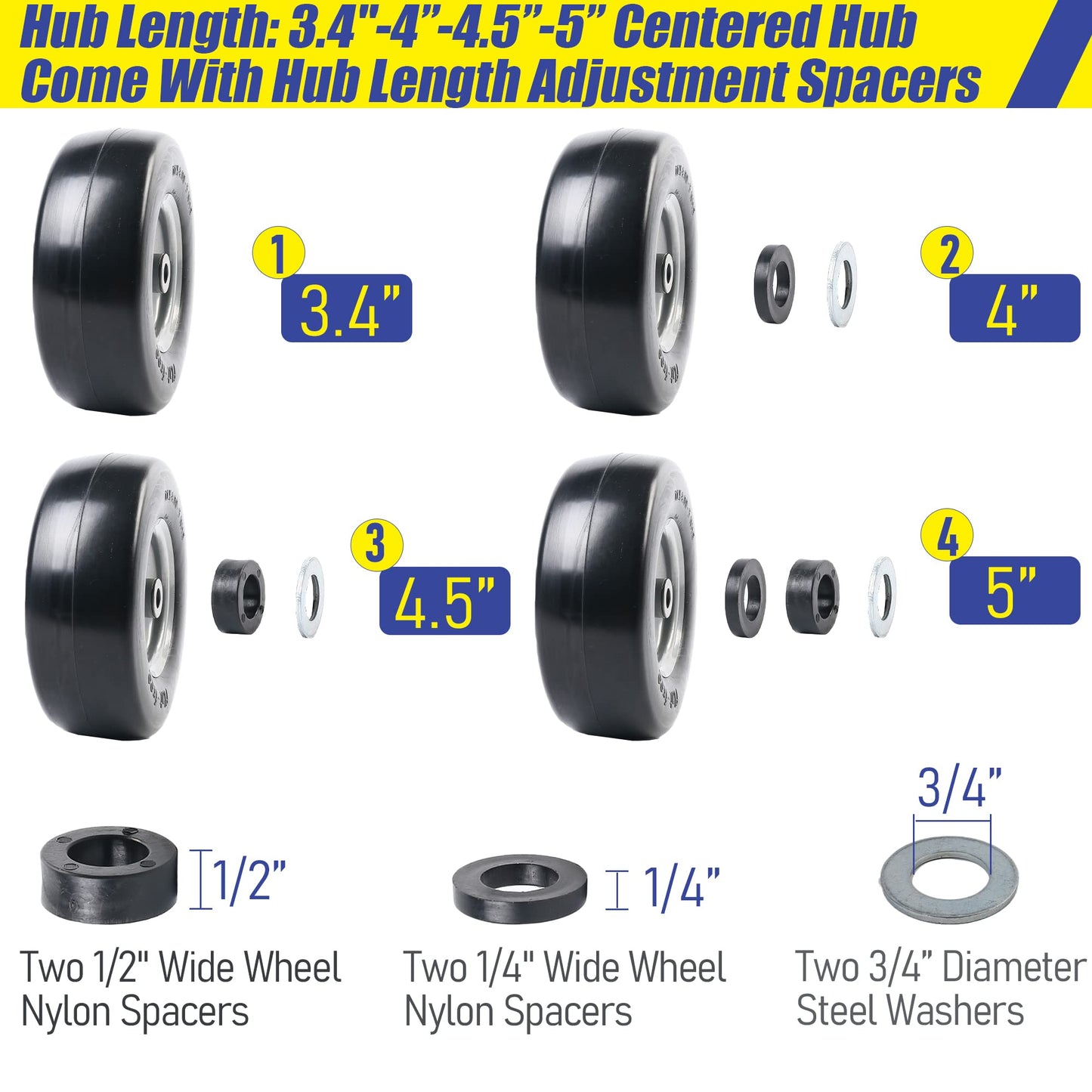 LotFancy 11x4.00-5” Flat Free Lawn Mower Tire and Wheel, 3/4" or 5/8" Bushings, 3.4"-4"-4.5"-5" Centered Hub