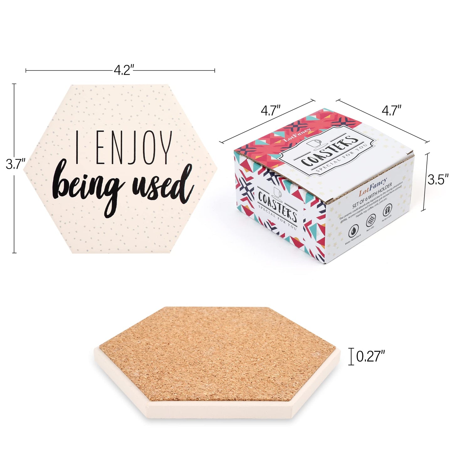 LotFancy Funny Coasters for Drinks Absorbent with Holder, 6PCS Ceramic Coasters with Cork Base