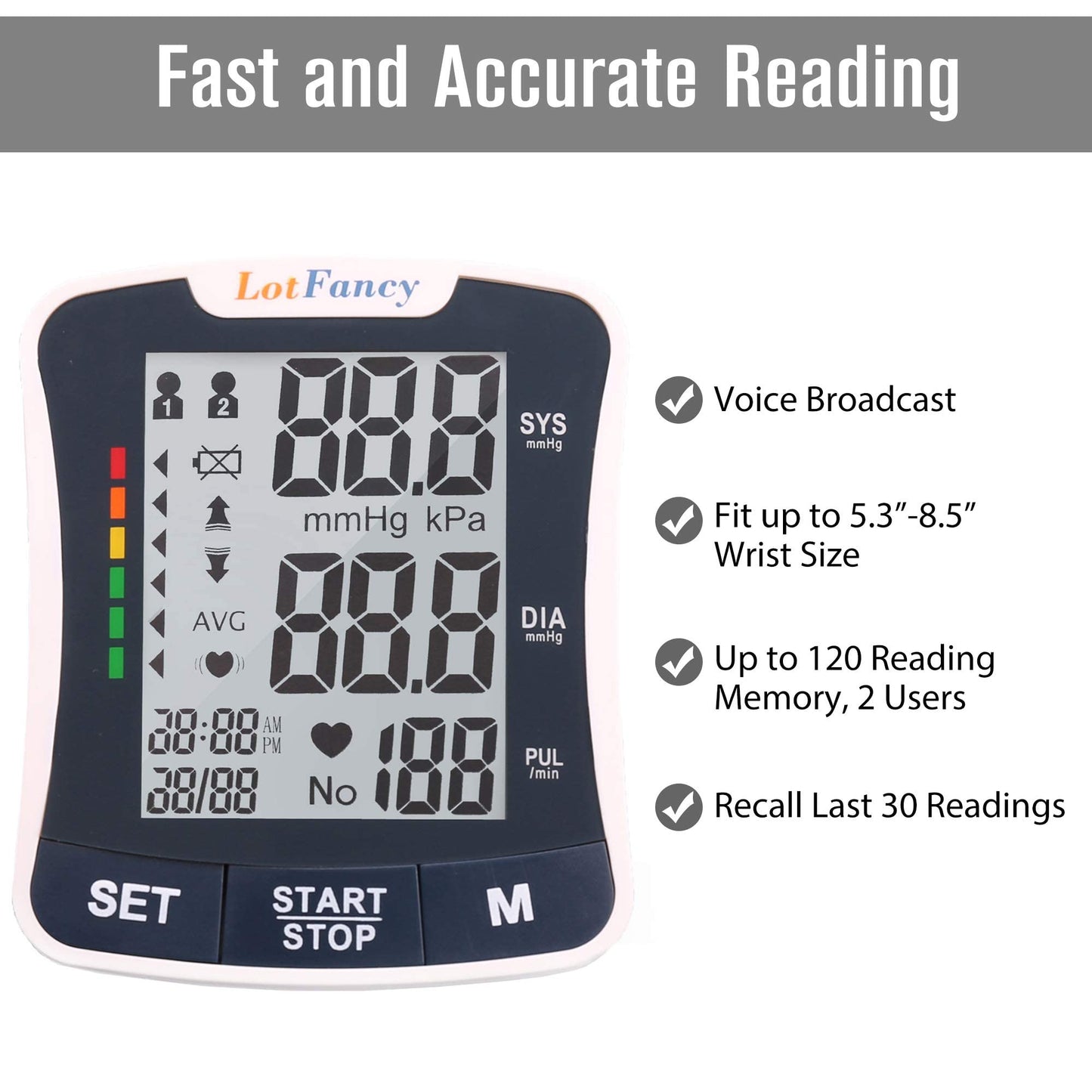 Wrist Blood Pressure Monitor, Talking BP Machine with Voice Broadcast, Cuff (5.3"-8.5"), 2 User, 120 Reading Memory, Automatic Digital BP Gauge, Large LCD Display