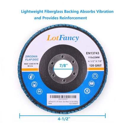 LotFancy 120 Grit Flap Disc, 4.5 Inch Sanding Grinding Wheels, 10PCS Zirconia Alumina Abrasive