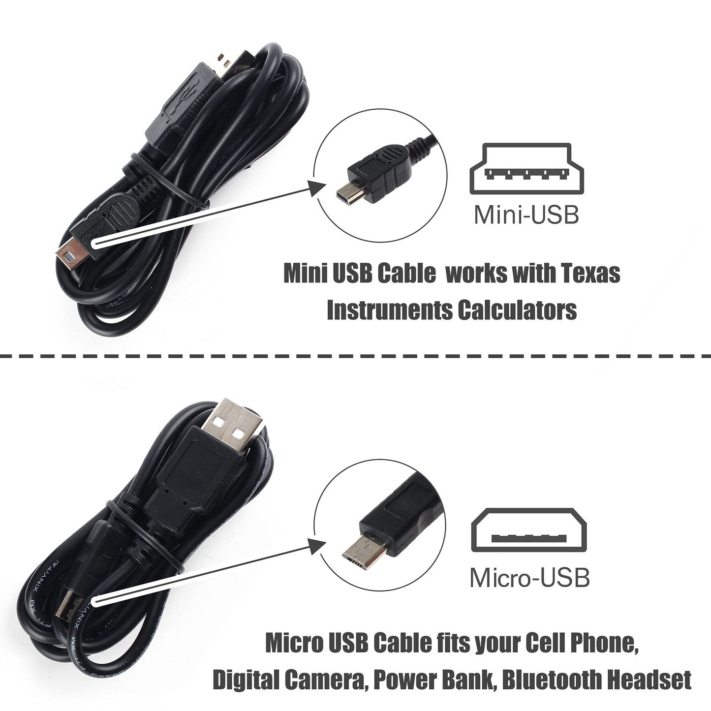 Charger and Data Cable for Texas Instruments TI-84 Plus CE Graphing Calculators, TI 84 Plus C Silver Edition, TI-Nspire CX, TI-Nspire CX CAS, Power Supply Adapter with Mini USB and Micro USB Cable