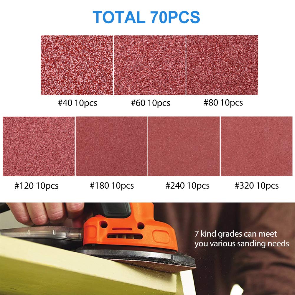 LotFancy 3-7/8"x5-1/2",40/60/80/120/180/240/320 Grit,Each 10PCS, Total 70PCS,Mouse Sander Pads Sanding Sheets Discs Mixed