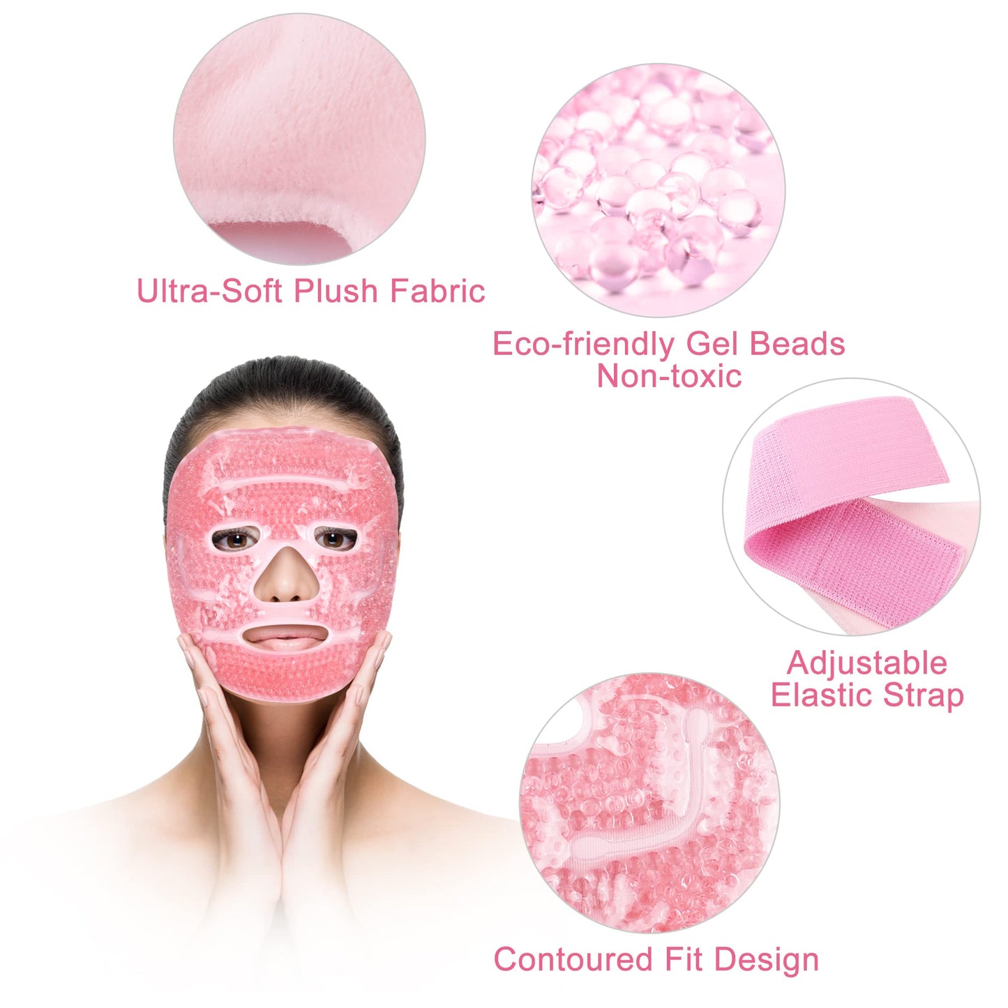 LotFancy Ice Face Mask, Gel Beads Ice Pack, Hot Cold Therapy for Full Face, Reduce Migraines, Headache, Stress, Puffy Eyes, Dark Circles, Adjustable Strap, Soft Fabric Backing, Reusable, Pink