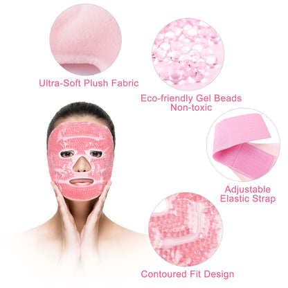 LotFancy Ice Face Mask, Gel Beads Ice Pack, Hot Cold Therapy for Full Face, Reduce Migraines, Headache, Stress, Puffy Eyes, Dark Circles, Adjustable Strap, Soft Fabric Backing, Reusable, Pink