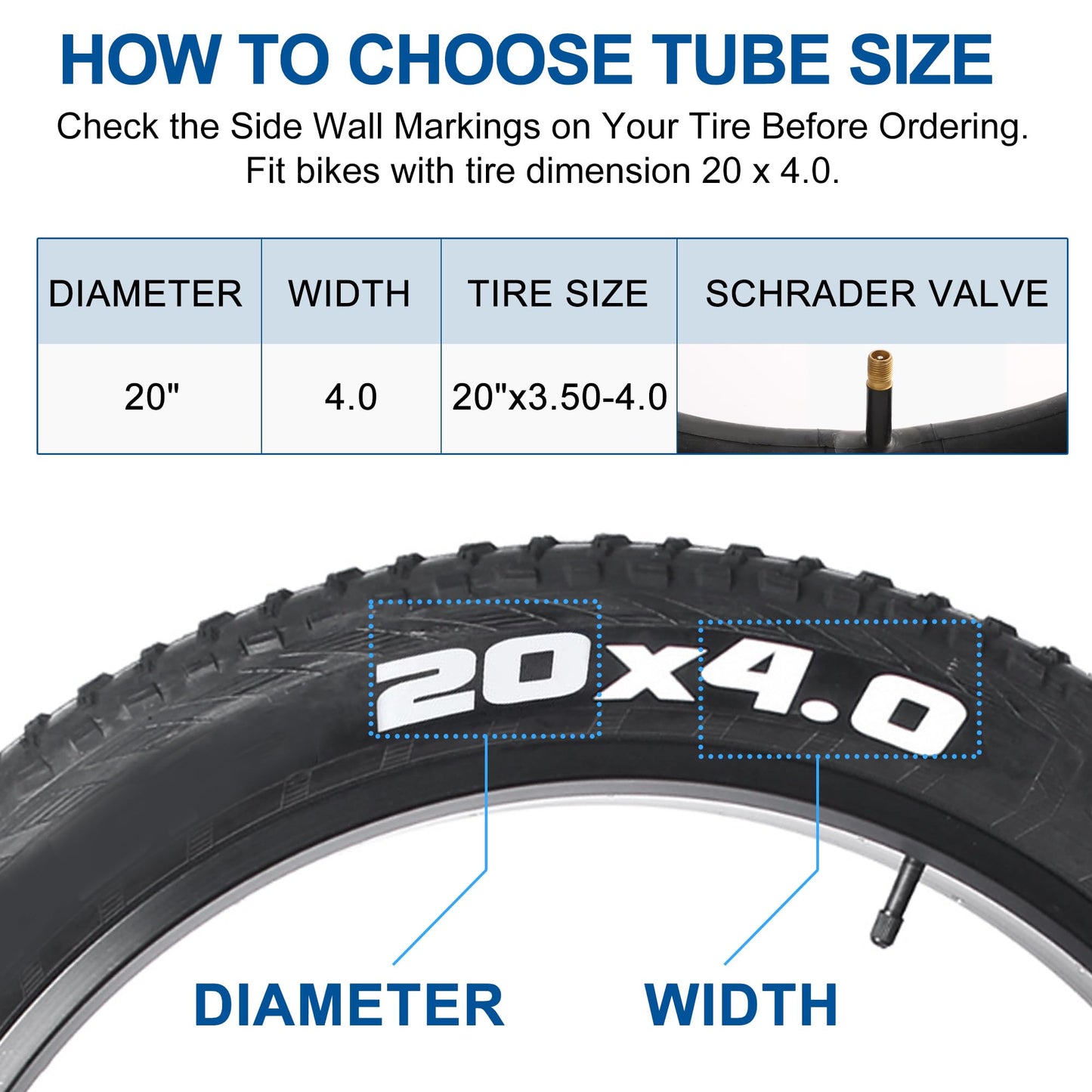 LotFancy 20x4.0 26x4.0 Fat Bike Tube, Pack of 2, AV35mm Schrader Valve, 20x3.50 20x3.80 26x3.50 26x3.80 Mountain Bike Fat Tire Tubes 2 Tire Levers Included