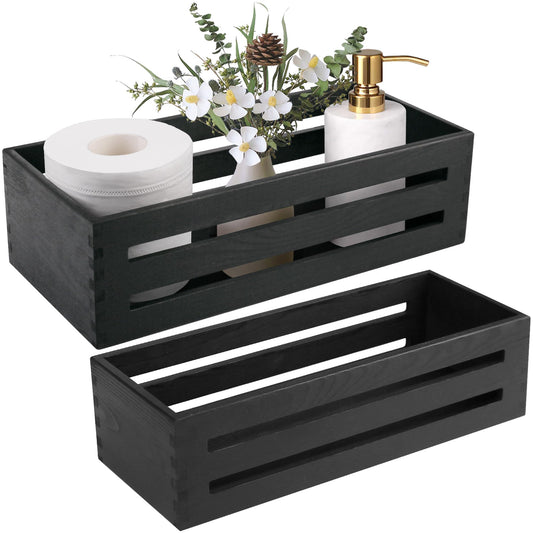 LotFancy 2Pcs Black Wood Bathroom Decor Boxes Toilet Tank Baskets, Handles wtih Hemp Ropes,34x15.5x10 cm,31x12.5x8.5 cm