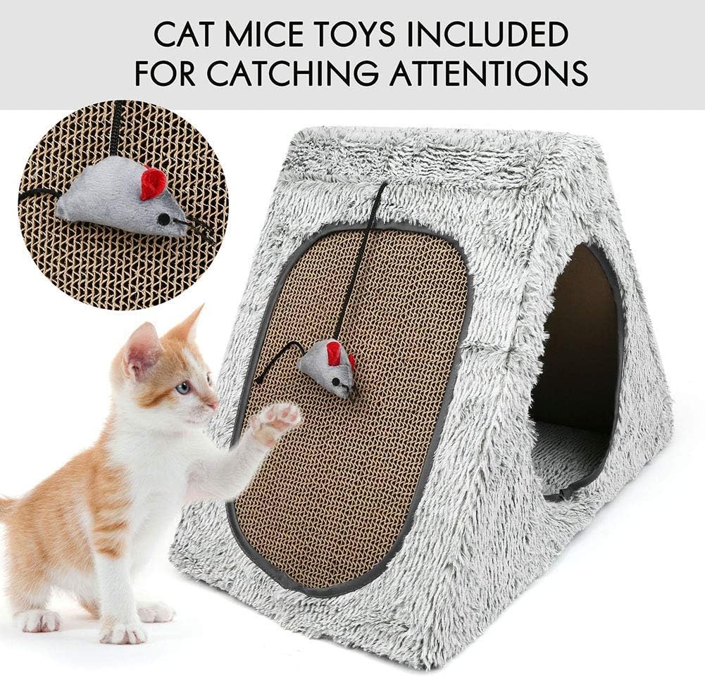 Cat Scratcher Cardboard House Condo, Removable Cat Scratcher Pads with Mouse Toy & Catnip, Reversible Panel Vertical Foldable Cat Scratching Lounger, Recycle Corrugated Board