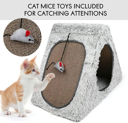 Cat Scratcher Cardboard House Condo, Removable Cat Scratcher Pads with Mouse Toy & Catnip, Reversible Panel Vertical Foldable Cat Scratching Lounger, Recycle Corrugated Board