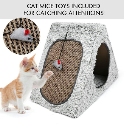 Cat Scratcher Cardboard House Condo, Removable Cat Scratcher Pads with Mouse Toy & Catnip, Reversible Panel Vertical Foldable Cat Scratching Lounger, Recycle Corrugated Board