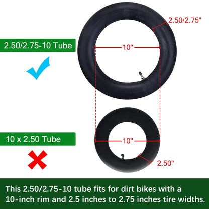 2.50/2.75-10 Dirt Bike Tube for Razor MX500 MX650, Yamaha PW50, Suzuki JR50 DRZ70, KTM 50, Motovox MVX70, Heavy Duty Mini Dirt Bike Inner Tube with Valve Stem Straight