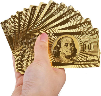 LotFancy Golden Foil Plated Playing Cards, 2 Decks of Cards, Bridge Size Standard Index, for Cards Games, Magic Props, Great Gift (1 Deck Bill Backing and 1 Deck Mosaic Backing)