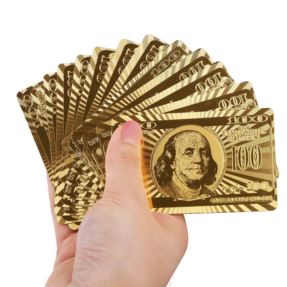 LotFancy Golden Foil Plated Playing Cards, 2 Decks of Cards, Bridge Size Standard Index, for Cards Games, Magic Props, Great Gift (1 Deck Bill Backing and 1 Deck Mosaic Backing)
