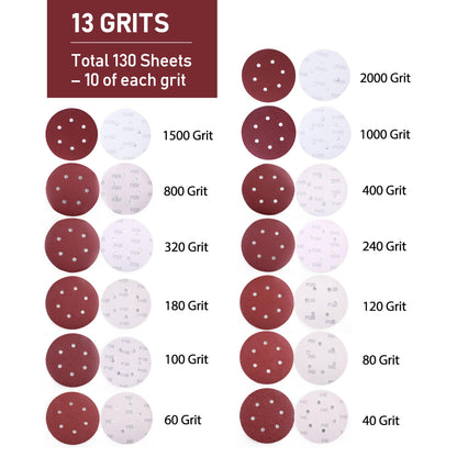 LotFancy 6" 6-Hole Sanding Discs Sandpaper Hook and Loop Pads 40/60/80/100/120/180/240/320/400/800/1000/1500/2000 Assorted Grits