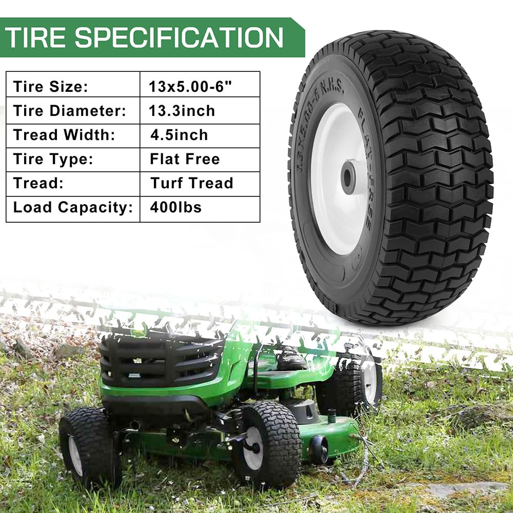 LotFancy 13x5.00-6 Flat Free Tire and Wheel, 3/4" & 5/8” Bushing,13 inch No-Flat Solid Tire for Tractor Lawn Mower,3"-4.5" Centered Hub