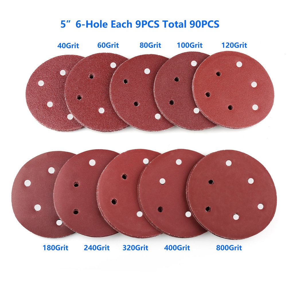 5 Inch 6-Hole Hook and Loop Sanding Discs by LotFancy - 90PCS 40/60/80/100/120/180/240/320/400/800 Grit Assorted Orbital Sander Round Sandpaper