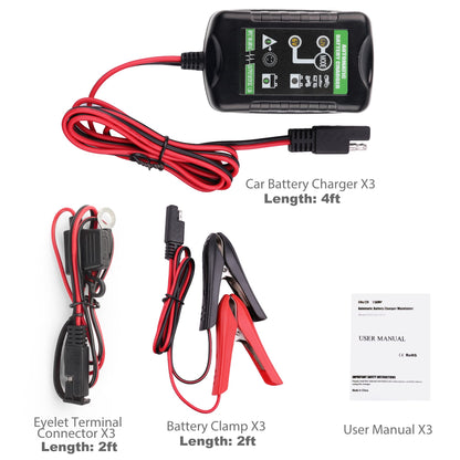 LotFancy 6V 12V 1.5A Battery Charger, 3-Pack, Fully Automatic, Smart Trickle Charger, Battery Maintainer for Car, Automotive, Motorcycle, Lawn Mower, Marine, Boat, ATV, SLA AGM Gel Lead Acid Battery