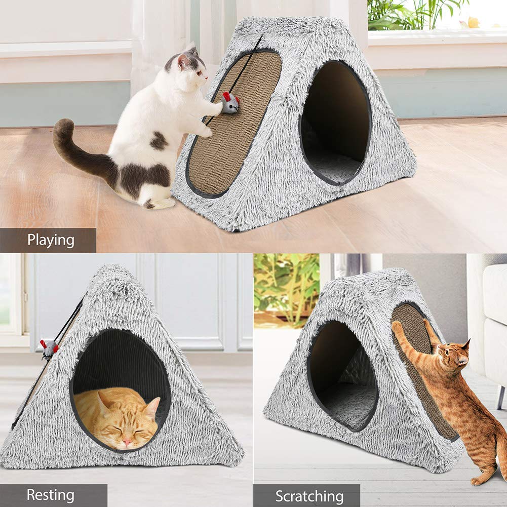 Cat Scratcher Cardboard House Condo, Removable Cat Scratcher Pads with Mouse Toy & Catnip, Reversible Panel Vertical Foldable Cat Scratching Lounger, Recycle Corrugated Board