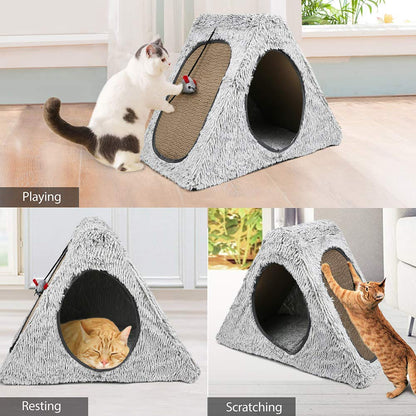 Cat Scratcher Cardboard House Condo, Removable Cat Scratcher Pads with Mouse Toy & Catnip, Reversible Panel Vertical Foldable Cat Scratching Lounger, Recycle Corrugated Board