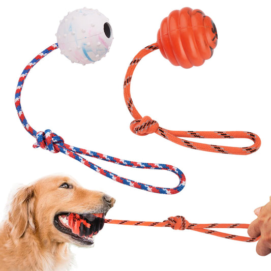 Prime Pets Dog Training Ball on Rope, 2 Pcs Solid Rubber Rope Ball, Tug Ball Toy for Medium and Small Dog, Tough Rope Toy, Non-Toxic and Durable Dog Toys