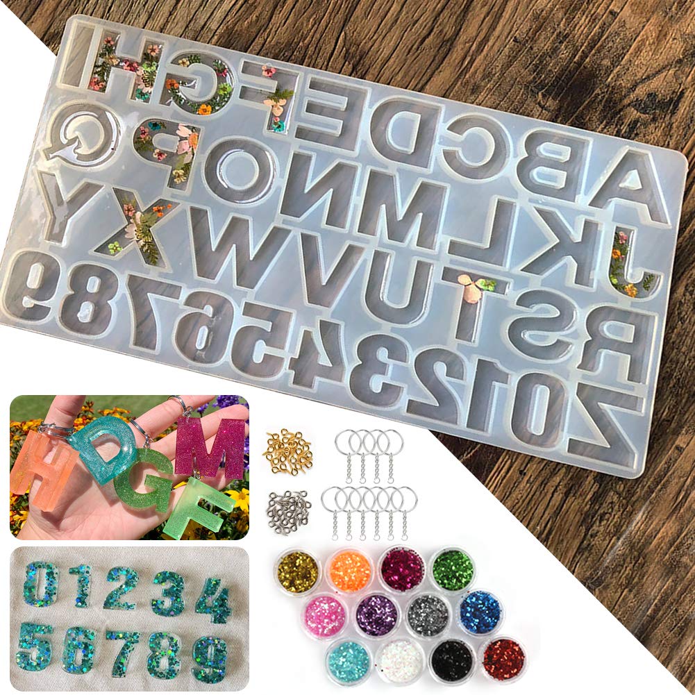 LotFancy Alphabet Molds for Resin Casting, 73pcs Keychain Epoxy Molds and Tools Set, Backwards Letter Number Silicone Mold, DIY Craft Pendant Making, with Glitter Sequins, Screw Eye Pins, Key Rings