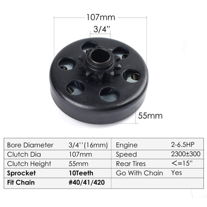 LotFancy Go Kart Clutch 3/4 Bore 10T with #40 41 420 Chain, Centrifugal Clutch Fit for Go Kart Minibike MB165 & MB200, Up to 6.5HP, 1pc Connecting Link Included