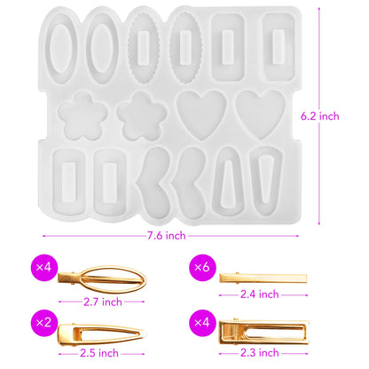 LotFancy Epoxy Resin Molds, Hair Clip Silicone Molds for Resin Casting, with 16pc Hair Barrettes, DIY Crafts Resin Hair Pin Pendant Keychain Jewelry Making Kit